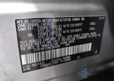 2021 Toyota Rav4 Xle z USA, uszkodzony, nr VIN 2T3P1RFV5MC180890